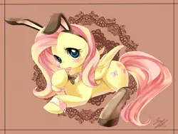 Size: 1000x750 | Tagged: safe, artist:soukitsubasa, derpibooru import, fluttershy, pegasus, pony, abstract background, bunny ears, bunny suit, bunnyshy, clothes, costume, cute, female, mare, paint tool sai, shyabetes, solo