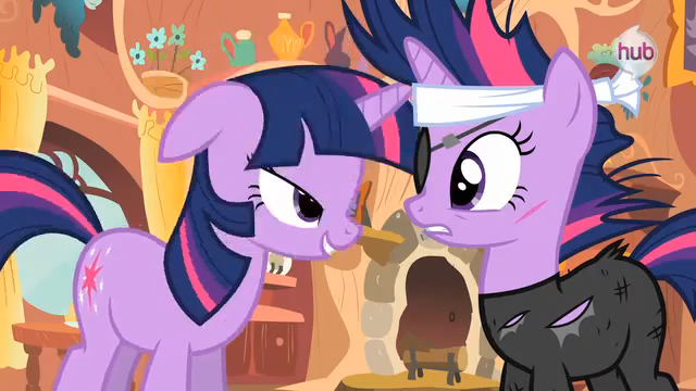 Size: 640x360 | Tagged: safe, derpibooru import, screencap, twilight sparkle, unicorn, it's about time, cut, eyepatch, future twilight, golden oaks library, lidded eyes, out of context, scar, self ponidox, unicorn twilight