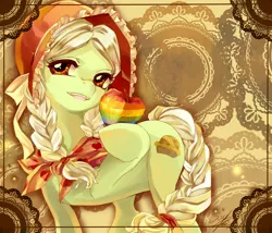 Size: 1400x1200 | Tagged: safe, artist:soukitsubasa, derpibooru import, granny smith, earth pony, pony, abstract background, female, mare, paint tool sai, raised hoof, solo, young granny smith, zap apple