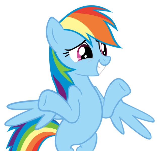 Size: 900x850 | Tagged: artist needed, safe, derpibooru import, rainbow dash, pegasus, pony, mmmystery on the friendship express, bipedal, female, mare, reaction image, shrug, simple background, smiling, solo, transparent background, underhoof, vector