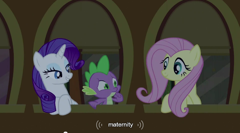 Size: 853x474 | Tagged: derpibooru import, fluttershy, rarity, safe, screencap, spike, youtube caption