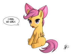 Size: 3682x2866 | Tagged: dead source, safe, artist:newbonzy, derpibooru import, scootaloo, pegasus, pony, apple bloom's bow, blank flank, female, filly, foal, hair bow, high res, hilarious in hindsight, hooves, open mouth, simple background, sitting, solo, speech bubble, talking, transparent background, wings
