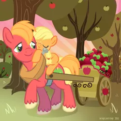 Size: 900x900 | Tagged: safe, artist:katiesketch, derpibooru import, applejack, big macintosh, earth pony, pony, apple, blank flank, brother and sister, carrying, cart, cute, duo, female, filly, foal, food, jackabetes, laying on top of someone, lying down, macabetes, male, ponies riding ponies, riding, sleeping, stallion, tree, younger