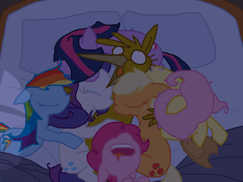 Size: 800x600 | Tagged: safe, artist:the weaver, derpibooru import, applejack, fluttershy, pinkie pie, rainbow dash, rarity, twilight sparkle, oc, gryphon, bed, griffy the griffin, mane six, sleeping