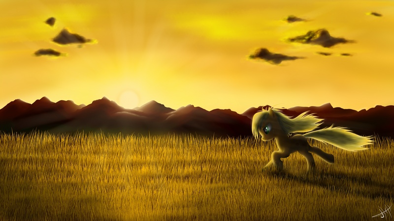 Size: 3200x1800 | Tagged: safe, artist:1jaz, derpibooru import, applejack, earth pony, pony, backlighting, female, field, food, grass, hatless, mare, missing accessory, morning, mountain, paint tool sai, running, solo, sun, sunrise, sunset, wallpaper, wheat, windswept mane