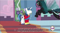 Size: 854x475 | Tagged: safe, derpibooru import, screencap, queen chrysalis, shining armor, changeling, changeling queen, pony, unicorn, a canterlot wedding, clothes, female, hub logo, image, male, mind control, png, pounce, stallion, subtitles, unshorn fetlocks, youtube caption