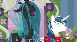 Size: 853x474 | Tagged: safe, derpibooru import, screencap, queen chrysalis, shining armor, changeling, changeling queen, pony, unicorn, a canterlot wedding, fangs, female, floppy ears, hub logo, image, laughing, male, mind control, open mouth, png, stallion, subtitles, youtube caption