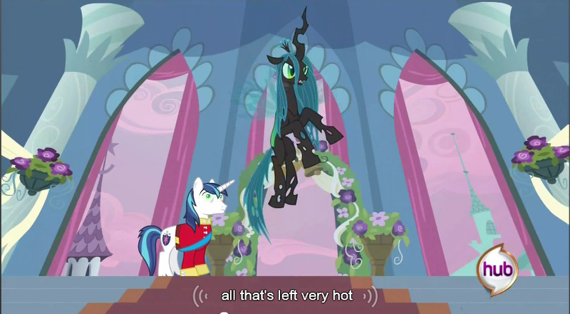 Size: 857x472 | Tagged: safe, derpibooru import, screencap, queen chrysalis, shining armor, changeling, changeling queen, pony, unicorn, a canterlot wedding, female, flying, hub logo, image, male, png, stallion, subtitles, youtube caption