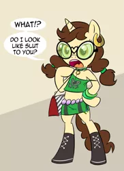 Size: 727x1000 | Tagged: suggestive, artist:madmax, derpibooru import, oc, oc:madmax, unofficial characters only, pony, semi-anthro, bipedal, clothes, collar, engrish, lipstick, midriff, purse, skirt, slut, tanktop