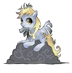 Size: 1114x1127 | Tagged: dead source, safe, artist:suikuzu, derpibooru import, derpy hooves, pegasus, pony, the last roundup, adobe imageready, cloud, cute, derpabetes, female, injured, mare, messy mane, prone, simple background, smiling, solo, transparent background