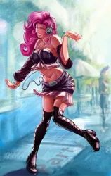 Size: 756x1200 | Tagged: artist:quizzicalkisses, breasts, busty pinkie pie, dancing, derpibooru import, female, headphones, human, humanized, pinkie pie, safe, solo, wide hips