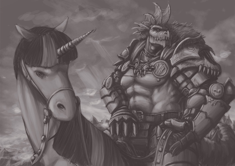 Size: 1200x848 | Tagged: artist:quizzicalkisses, badass, beefspike, derpibooru import, epic, grayscale, monochrome, safe, spike, twilight sparkle