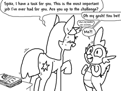 Size: 800x600 | Tagged: safe, artist:the weaver, derpibooru import, spike, twilight sparkle, black and white, blushing, book, dialogue, estrus, female, grayscale, male, monochrome, porn, raised hoof, shipping, shivering, simple background, straight, sweat, twispike, white background