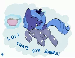 Size: 3972x3096 | Tagged: safe, artist:shadawg, derpibooru import, princess luna, pony, bowl, cereal, clothes, eyes closed, filly, foal, footed sleeper, high res, magic, pajamas, solo, spoon, telekinesis, woona, younger