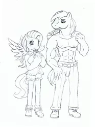 Size: 774x1038 | Tagged: safe, artist:tigerlilylucky, derpibooru import, big macintosh, fluttershy, anthro, earth pony, pegasus, plantigrade anthro, abs, bare chest, breasts, clothes, female, fluttermac, lineart, male, monochrome, muscles, partial nudity, shipping, straight, topless