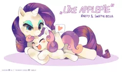 Size: 1421x836 | Tagged: dead source, safe, artist:suikuzu, derpibooru import, rarity, sweetie belle, pony, unicorn, adobe imageready, cuddling, cute, diasweetes, eyes closed, female, filly, happy, heart, mare, prone, simple background, sisters, snuggling