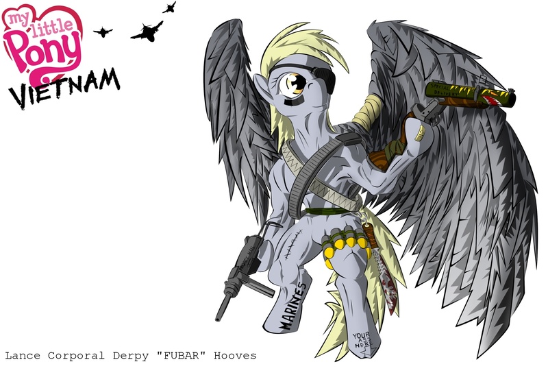 Size: 1900x1300 | Tagged: safe, artist:teddyhands, derpibooru import, part of a set, derpy hooves, pegasus, pony, bandolier, dexterous hooves, eyepatch, f-4 phantom, female, grenade launcher, gun, knife, m3 grease gun, m79, mare, marines, part of a series, stitches, vietnam, vietnam war, vietnam war series, vulgar, war, weapon, who needs trigger fingers