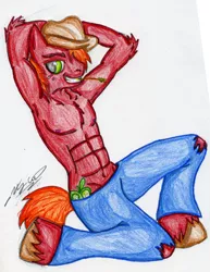 Size: 704x912 | Tagged: suggestive, artist:goddard-grenadee-23, derpibooru import, big macintosh, anthro, earth pony, unguligrade anthro, abs, arm behind head, armpits, bare chest, clothes, male, muscles, solo, solo male, straw in mouth, topless