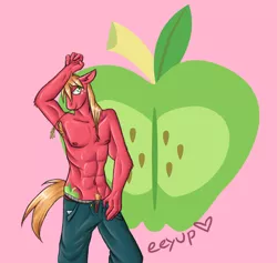 Size: 820x776 | Tagged: abs, anthro, armpit hair, armpits, artist:chimaerok, bare chest, bedroom eyes, big macintosh, clothes, cutie mark background, derpibooru import, male, muscles, pubic hair, smiling, solo, solo male, straw in mouth, suggestive, topless