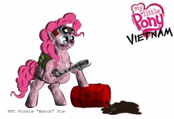 Size: 1600x1100 | Tagged: artist:teddyhands, derpibooru import, dog tags, flame oil, flamethrower, goggles, part of a series, part of a set, pinkie pie, safe, vietnam, vietnam war, vietnam war series, war, weapon