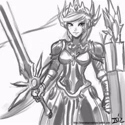 Size: 805x805 | Tagged: artist:johnjoseco, derpibooru import, grayscale, human, humanized, league of legends, leona, monochrome, princess celestia, safe, solo, warrior celestia, weapon