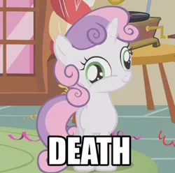 Size: 500x495 | Tagged: safe, derpibooru import, edit, edited screencap, screencap, sweetie belle, pony, unicorn, caption, death, derp, dissonant caption, eye twitch, female, filly, image macro, one word, pure unfiltered evil, smiling, solo, sweetie derp, text, wat