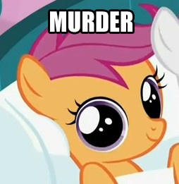 Size: 254x261 | Tagged: safe, derpibooru import, edit, edited screencap, screencap, scootaloo, pegasus, pony, stare master, artifact, big eyes, cropped, dilated pupils, dissonant caption, female, filly, foal, image macro, looking at you, murder, one word, pure unfiltered evil, reaction image, round eyes, smiling, solo focus, stare, text, text edit