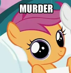 Size: 254x261 | Tagged: safe, derpibooru import, edit, edited screencap, screencap, scootaloo, pegasus, pony, stare master, artifact, big eyes, cropped, dilated pupils, dissonant caption, female, filly, foal, image macro, looking at you, murder, one word, pure unfiltered evil, reaction image, round eyes, smiling, solo focus, stare, text, text edit