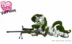 Size: 1800x1100 | Tagged: safe, artist:teddyhands, derpibooru import, part of a set, rarity, pony, unicorn, camouflage, cutie mark, female, green hair, gun, hooves, horn, knife, lying down, mare, optical sight, part of a series, rifle, simple background, smiling, sniper, sniper rifle, solo, text, vietnam, vietnam war, vietnam war series, war, watch, weapon, white background