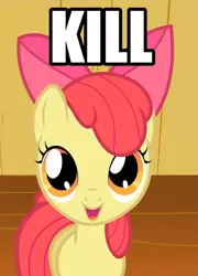 Size: 519x719 | Tagged: safe, derpibooru import, edit, edited screencap, screencap, apple bloom, earth pony, pony, caption, dissonant caption, image macro, implied murder, looking at you, one word, open mouth, pure unfiltered evil, smiling, solo, text
