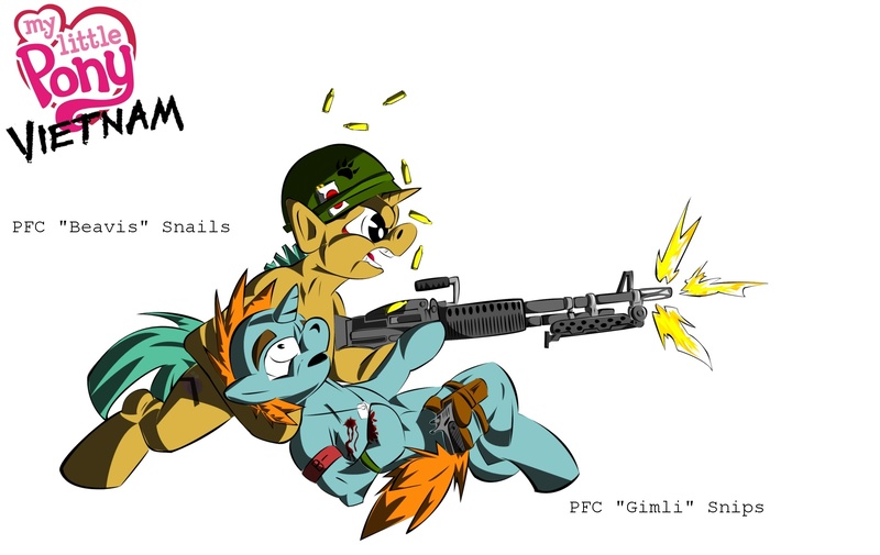 Size: 1900x1200 | Tagged: artist:teddyhands, blood, derpibooru import, grimdark, m60, machine gun, part of a series, part of a set, shot, snails, snips, vietnam, vietnam war, vietnam war series, war, weapon