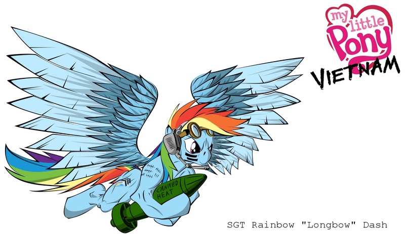 Size: 1900x1100 | Tagged: safe, artist:teddyhands, derpibooru import, part of a set, rainbow dash, pegasus, pony, bomb, flying, goggles, headset, part of a series, solo, vietnam, vietnam war, vietnam war series, war, war paint, weapon