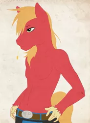 Size: 941x1280 | Tagged: artist needed, source needed, suggestive, derpibooru import, big macintosh, anthro, earth pony, bare chest, clothes, male, solo, solo male, straw in mouth, topless