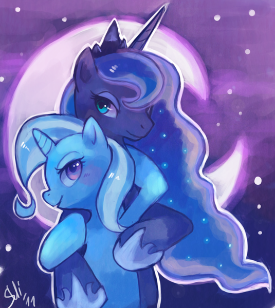 Size: 1064x1194 | Tagged: dead source, safe, artist:suikuzu, derpibooru import, princess luna, trixie, alicorn, pony, unicorn, adobe imageready, blushing, female, hug, lesbian, luxie, mare, moon, night, shipping, smiling, stars