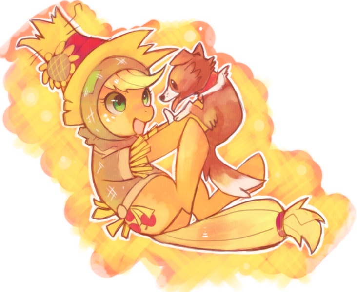 Size: 1522x1247 | Tagged: dead source, safe, artist:suikuzu, derpibooru import, applejack, winona, earth pony, pony, adobe imageready, costume, cute, female, holding, mare, open mouth, scarecrow, simple background, transparent background