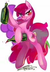 Size: 1000x1417 | Tagged: safe, artist:iopichio, derpibooru import, berry punch, berryshine, earth pony, pony, alcohol, bottle, female, mare, simple background, solo, that pony sure does love alcohol, white background