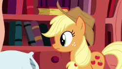 Size: 640x360 | Tagged: animated, applejack, derpibooru import, head shake, look before you sleep, offscreen character, pillow, pillow fight, safe, screencap, solo