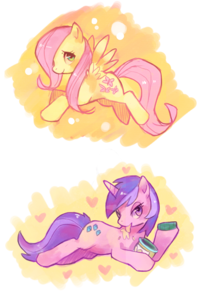 Size: 1238x1786 | Tagged: dead source, safe, artist:suikuzu, derpibooru import, amethyst star, fluttershy, pegasus, pony, unicorn, adobe imageready, female, jar, licking, mare, peanut butter, simple background, sultry pose, transparent background