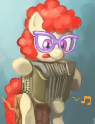 Size: 588x765 | Tagged: safe, artist:discotecnia ottanta, derpibooru import, twist, earth pony, pony, accordion, female, filly, glasses, music notes, musical instrument