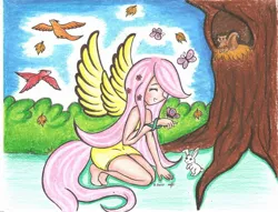 Size: 2224x1696 | Tagged: angel bunny, artist:ifemmefatale, bird, butterfly, clothes, derpibooru import, dress, fluttershy, humanized, leaves, safe, squirrel, tailed humanization, tree, winged humanization