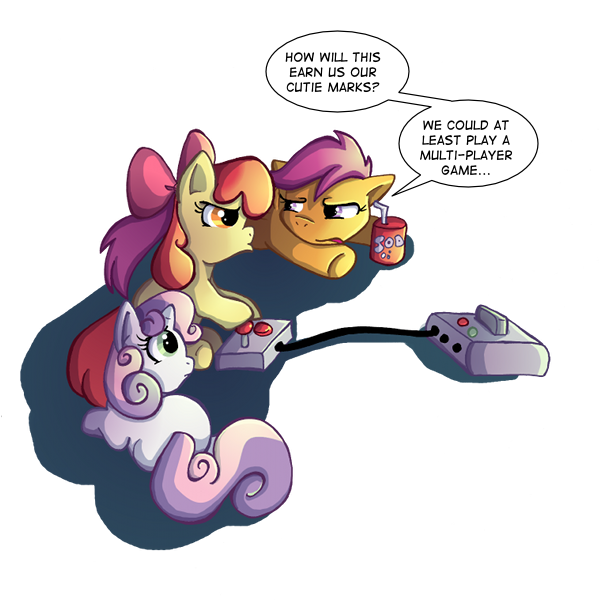 Size: 600x600 | Tagged: safe, artist:butterscotch25, derpibooru import, apple bloom, scootaloo, sweetie belle, earth pony, pegasus, pony, unicorn, apple bloom's bow, bored, bow, console, cutie mark crusaders, dialogue, female, filly, hair bow, lidded eyes, looking at each other, playing video games, prone, scootaloo will show us games to play, simple background, sitting, soda, speech bubble, tongue out, transparent background, trio, trio female, underhoof, video game