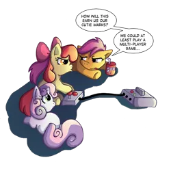 Size: 600x600 | Tagged: safe, artist:butterscotch25, derpibooru import, apple bloom, scootaloo, sweetie belle, earth pony, pegasus, pony, unicorn, apple bloom's bow, bored, bow, console, cutie mark crusaders, dialogue, female, filly, hair bow, lidded eyes, looking at each other, playing video games, prone, scootaloo will show us games to play, simple background, sitting, soda, speech bubble, tongue out, transparent background, trio, trio female, underhoof, video game