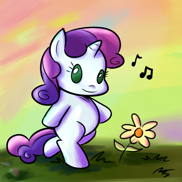 Size: 945x945 | Tagged: safe, artist:megasweet, artist:rustydooks, derpibooru import, sweetie belle, unicorn, beady eyes, bipedal, cute, diasweetes, flower, music notes, smarty belle, solo