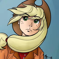 Size: 962x962 | Tagged: applejack, artist:megasweet, artist:rustydooks, colored, derpibooru import, human, humanized, safe, solo