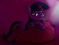 Size: 1155x892 | Tagged: suggestive, artist:megasweet, artist:rustydooks, derpibooru import, twilight sparkle, pony, unicorn, clothes, colored, female, grin, looking at you, mare, prone, smiling, socks, solo, solo female, striped socks, unicorn twilight