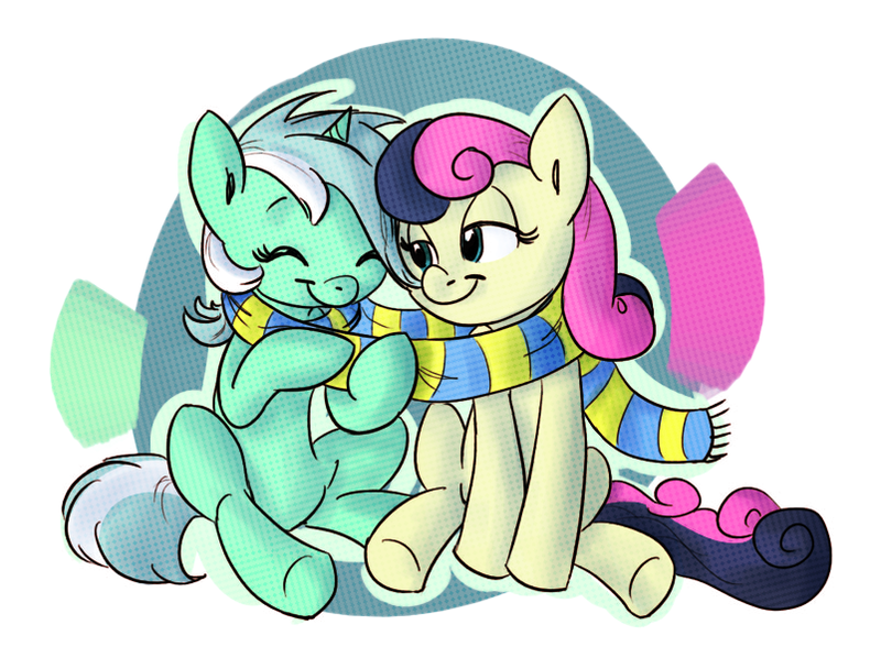 Size: 803x600 | Tagged: safe, artist:carnifex, artist:rustydooks, derpibooru import, bon bon, lyra heartstrings, sweetie drops, earth pony, pony, unicorn, clothes, eyes closed, female, lesbian, lyrabon, mare, scarf, shared clothing, shared scarf, shipping