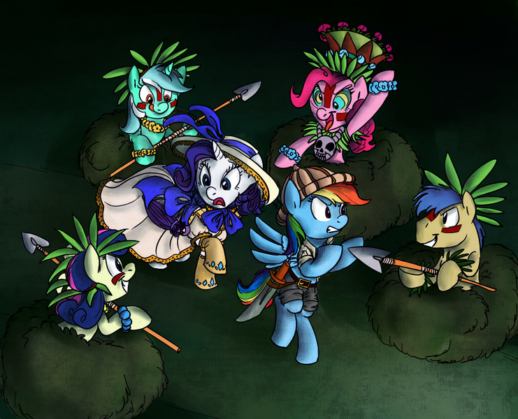 Size: 1050x850 | Tagged: artist:carnifex, artist:rustydooks, barbarian, bon bon, clothes, derpibooru import, dress, goldengrape, hat, headhunters, hypnosis, jungle, kaa eyes, knife, lyra heartstrings, natives, pinkie pie, rainbow dash, rarity, safe, sir colton vines iii, spear, sweetie drops, weapon