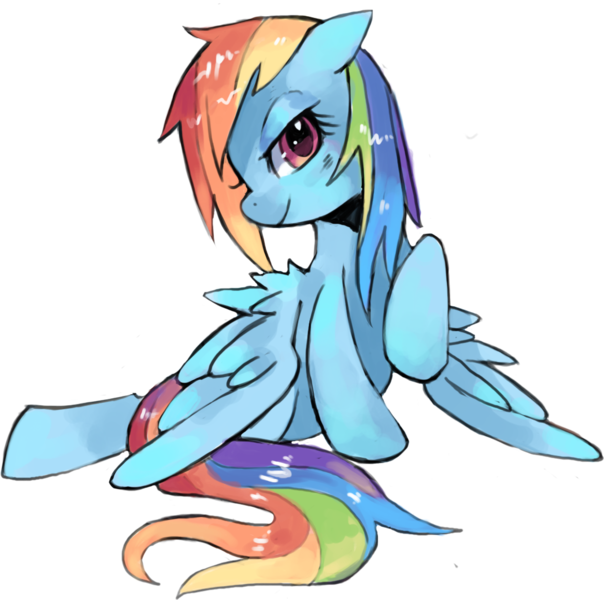 Size: 1045x1038 | Tagged: dead source, safe, artist:suikuzu, derpibooru import, rainbow dash, pegasus, pony, adobe imageready, bedroom eyes, cute, dashabetes, female, floppy ears, looking at you, mare, prone, raised hoof, simple background, smiling, solo, spread wings, sultry pose, transparent background, wet mane, wings down
