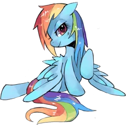 Size: 1045x1038 | Tagged: dead source, safe, artist:suikuzu, derpibooru import, rainbow dash, pegasus, pony, adobe imageready, bedroom eyes, cute, dashabetes, female, floppy ears, looking at you, mare, prone, raised hoof, simple background, smiling, solo, spread wings, sultry pose, transparent background, wet mane, wings down