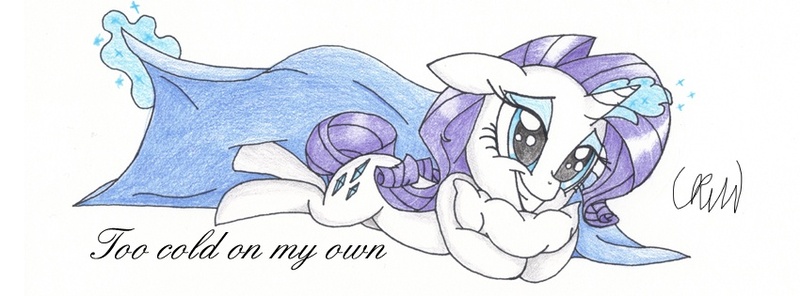 Size: 850x315 | Tagged: artist:ethereal-desired, blanket, derpibooru import, glowing horn, grin, hug, magic, pillow, pillow hug, rarity, safe, smiling, solo, telekinesis, traditional art